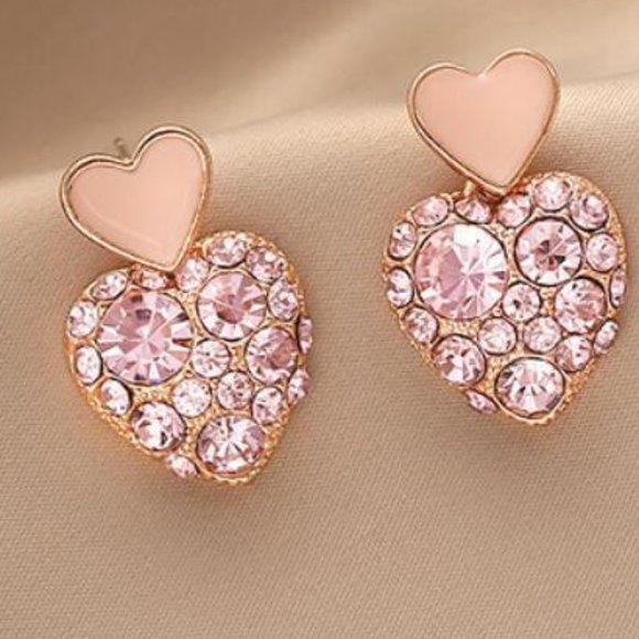 Pink Crystal Betsey Johnson Heart Earrings - Picture 1 of 3